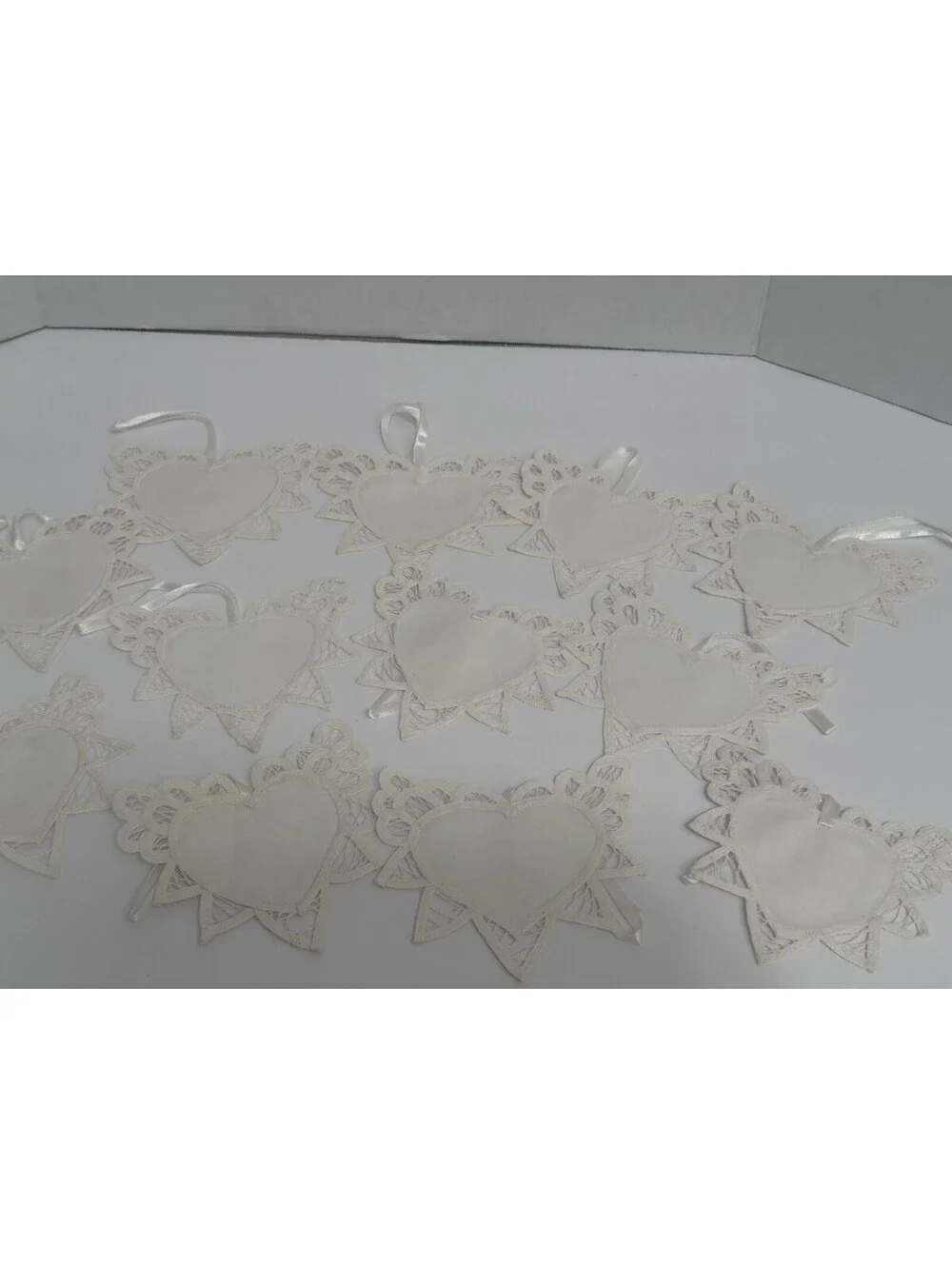 Antique VTG Handmade Heart Lace Linen Doilies Cut Work Set 12pc